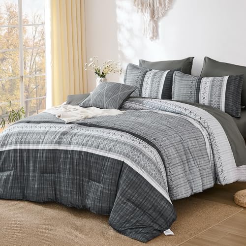 Image of Dintszyayue Grey King Comforter Size Set, 8 Pieces Striped Texture Bed in a Bag Bedding Sets, Lightweight Soft Comforter and Sheet Set, All Season Microfiber Teen Boys Bedding Sets for Men Women