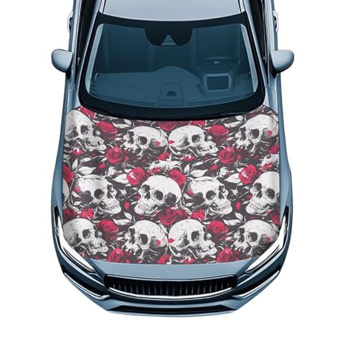 Image of Car Hood Cover, Car Bonnet Banner, Universal Fit, Elastic Polyester, Stretchable, Red Rose Skull Waterproof Automotive Hood Covers
