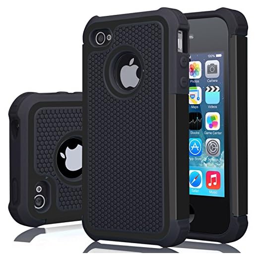 Jeylly iPhone 4S Case, iPhone 4 Cover, Shock Absorbing Hard Plastic Outer + Rubber Silicone Inner Scratch Defender Bumper Rugged Hard Case Cover for Apple iPhone 4/4S - Black