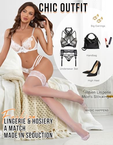 Image of Aranmei Women's Sexy Lace Top Thigh High Stockings Sheer Hosiery with Anti-Slip Silicone Band, Pantyhose