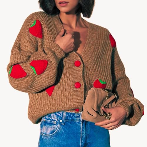 Image of FindThy Women's Kawaii Strawberry Embroidered Cardigan Long Sleeve V Neck Chunky Knitted Cardigans Tops