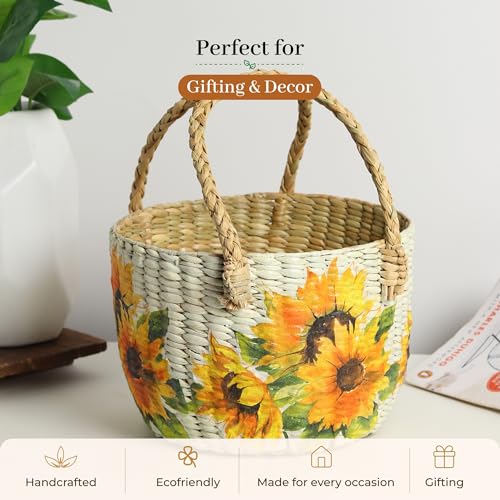 Image of Habere India-All the Cultures Fabricating India Handmade Gift Hamper Baskets | Cane Round Hamper | Fruit Baskets | Bamboo Organiser Basket | Jute Round Storage Basket - Multi (Design15 - D21xH29 cm)