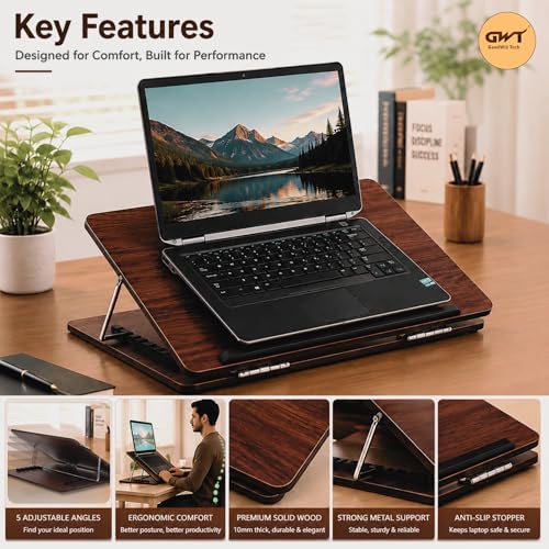 Image of Goodwill Tech Wooden Laptop Desk Table Top with Adjustable Height, Foldable, Writing, Drawing Desk Stand for Study, Office (Rolex, 15x21)