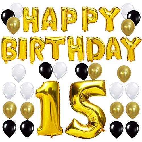 KUNGYO Letras Tipo Balón Doradas Happy Birthday+Número 15 Mylar Foil Globo+24 Piezas Negro Oro Blanco Globo de Látex 15 Años de Antigüedad Fiesta de Cumpleaños Decoraciones Cover