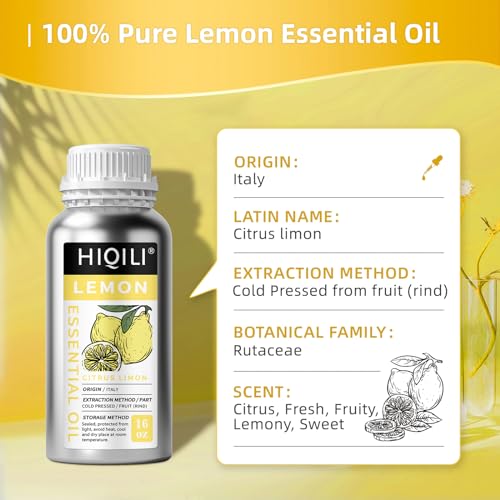 Image of HIQILI Lemon Essential Oil for Cleaning, Degreasing & Household Use, Skin Care, Aromatherapy, Diffuser - 16 Fl Oz