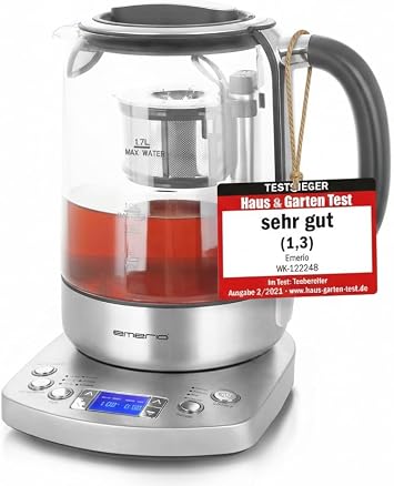 EMERIO Glas Teekocher Wasserkocher 17 Liter TESTSIEGER mit Note 1.3 vollautomatisches Teesieb Absenkautomatik Borosilikatglas Temperaturwahl 2200 Watt Schwarz/Silber WK-122248