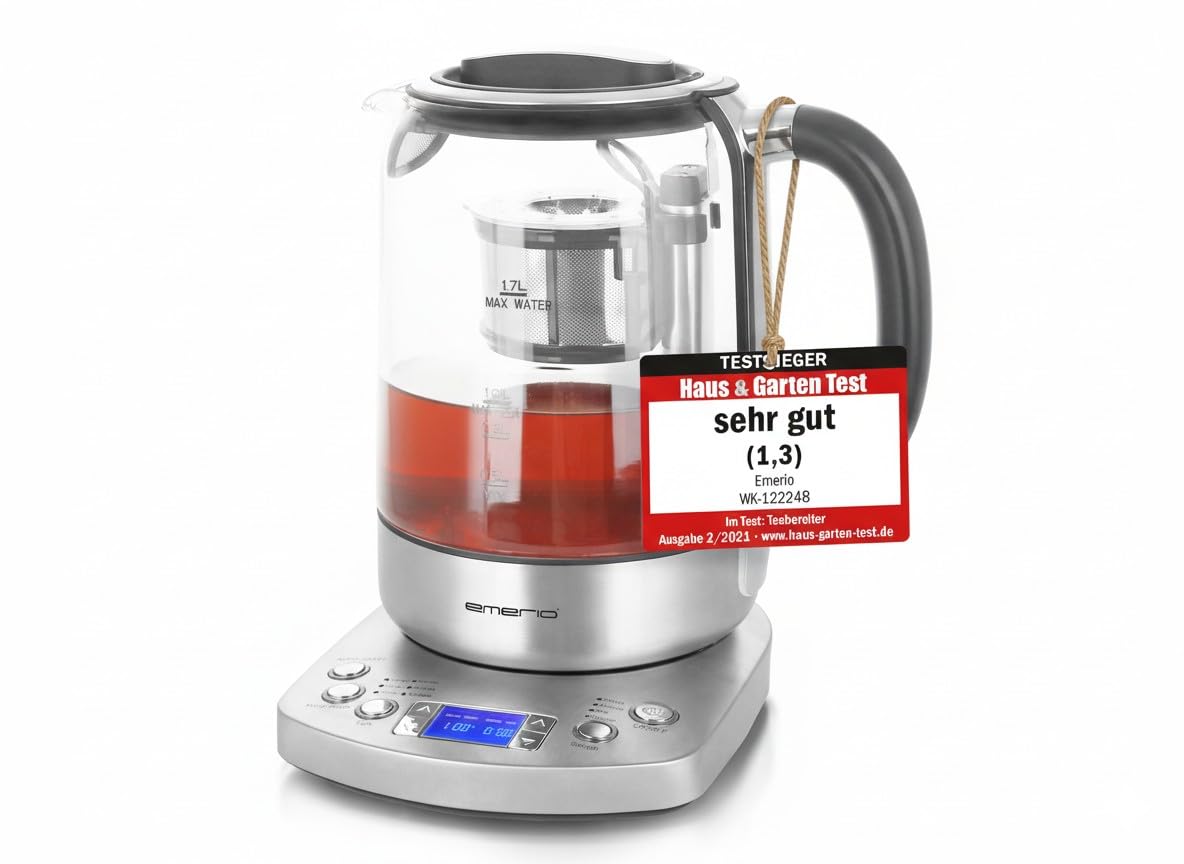 EMERIO Glas Teekocher Wasserkocher | 1,7 Liter | TESTSIEGER mit Note 1.3 | vollautomatisches Teesieb | Absenkautomatik | Borosilikatglas | Temperaturwahl | 2200 Watt | Schwarz/Silber | WK-122248