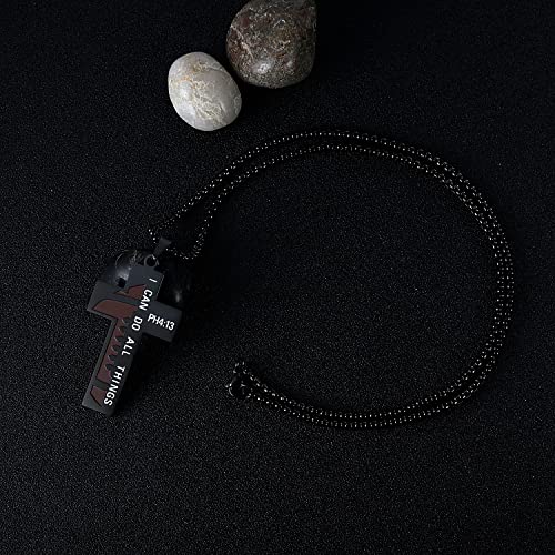 Aiainagi Football Cross Necklace For Boys Bible Verse I Can Do All Things Stainless Steel Sport Pendant For Men（Black） #TOP2