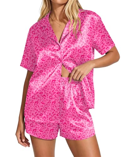 Image of Ekouaer Womens Satin Pajama Set Short Sleeve Button Down Sleepwear 2 Piece Silky Pj Set Soft Loungewear for Ladies