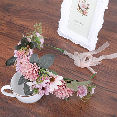 Foto von AWAYTR Boho Blumenkrone Stirnband Festival Kopfschmuck - Handgefertigt Blume Haarkranz mit Band Beere Blumenstirnband für Frauen und Mädchen Kleid (Rosa + Lila)