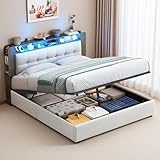 PerGar Bett 140x200, Doppelbett Polsterbett Funktionsbett mit LED-Beleuchtung und Kabelloses Laden, Kopfteil mit Stauraum, Bettgestell Stauraumbett mit Lattenrost, Samt, Ohne Matratze, Cremefarben