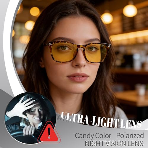 Image of Polarized Sunglasses for Women Men Night Vision Glasses Anti Glare | Yellow Anti Glare UV400 Lens, Lightweight Square Frame, for Day Night Use, Driving, Fishing, Cycling, Traveling