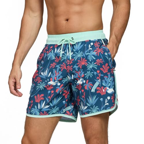EDOTON Shorts de Bain Homme Maillot de Bain pour Homme Short de Plage à Séchage Rapide avec Réglable et Poches Surf Short uni Imprimé (Corail Bleu Marine,EU L)
