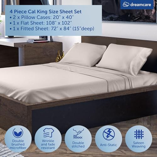 Image of DREAMCARE California King Sheet Sets - 4 pcs Breathable Cooling Sheets - up to 15 inch Deep California King Sheets with Side Pockets - Extra Soft 100% Brushed Hypoallergenic Hotel Luxury Bedding - Beige