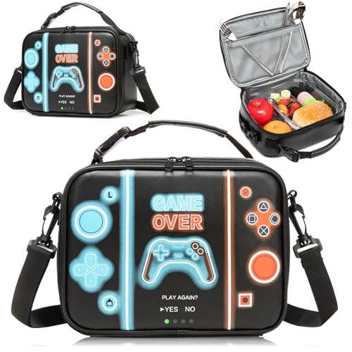 Game Console Boys Lunch Box, Insulated Lunch Bag for Kid Teen, Portable Gamer Lunch Box with Hand Hold & shoulder straps , Bento Reusable Large Capacity Waterproof Leakproof to School Office Picnic