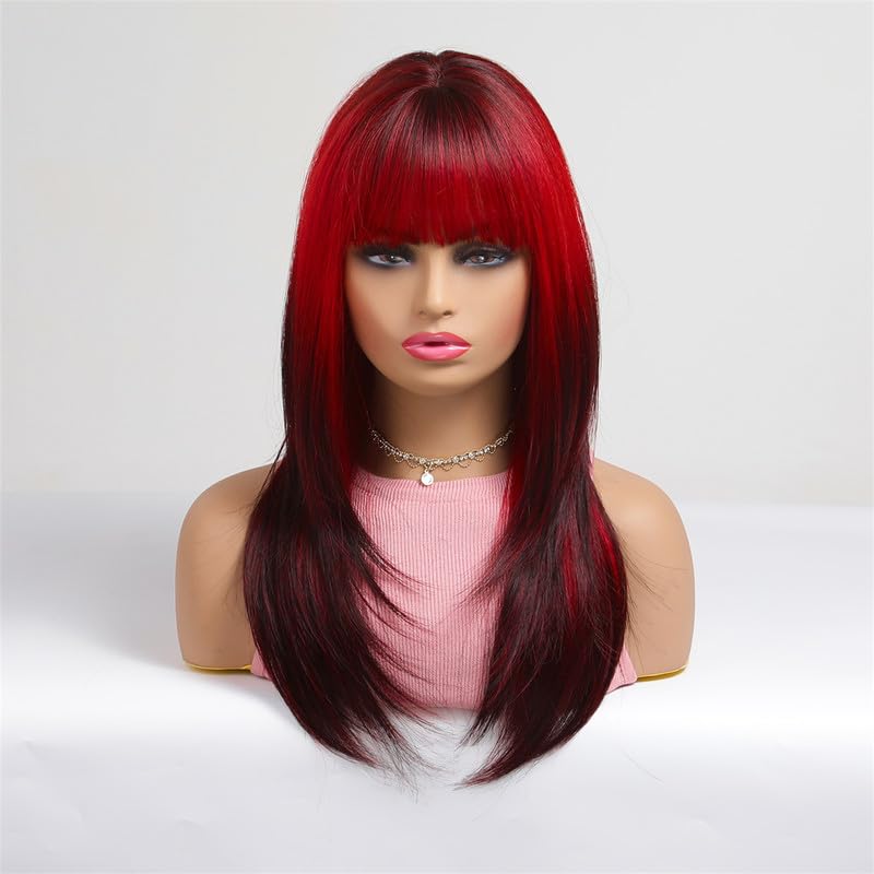 Miniatura 2 de vedar Peluca roja y negra con raíces oscuras con flequillo, longitud al hombro, pelucas sintéticas rectas naturales de color rojo degradado para