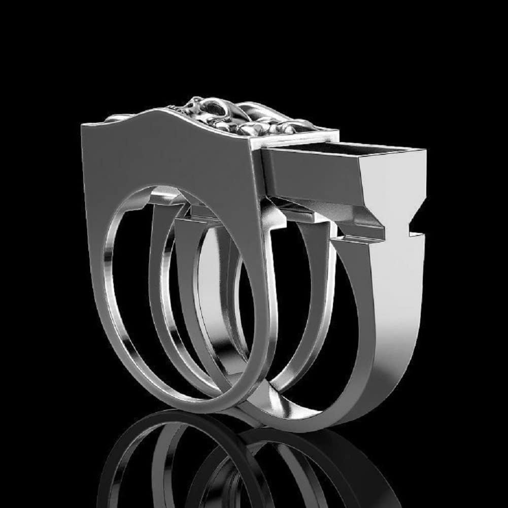 Punk Style Skull Men Set Rings Rock Punk Style Gothic Totem Amulet Ring with Mini Hidden Storage Box Design Two - Color Skull Pull Animal Ashes Storage Box (Size 10, Silvery) image 5