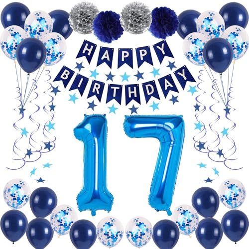 NANINUNENO 17th Blue Birthday Party Decorations for Boys Girls, Happy 17 Birthday Balloons Supplies with Happy Birthday Banner, 17 Number Balloons, Blue Star Streamers, Hanging Swirls