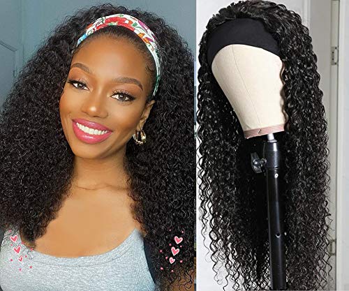 10A Brazilian Virgin Jerry Curly Headband Wigs Human Hair 22 inch Curly Headband None Lace Front Wigs with Pre-attached Scarf for Women Full Machine Made WigsWear Glueless Wigs Natural Color…