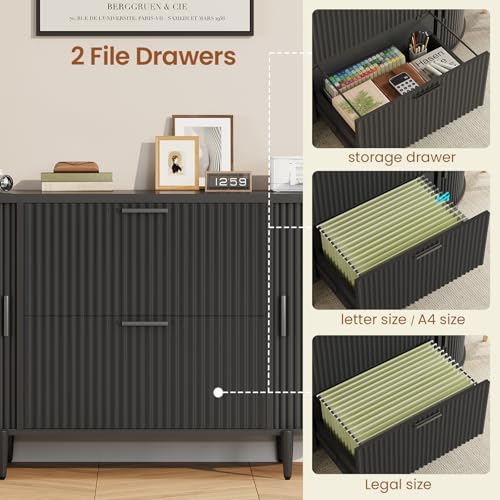 SEDETA 39.4" Filing Cabinet for Home Office, 2 Drawer File Cabinet, fit Legal/Letter/A4 Size, Modern Fluted Filing Cabinets with 2 Sliding Door Storage, Printer Stand, Black - Image 4