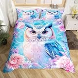 Erosebridal Owl Full Duvet Cover Bohenmian Flowers Comforter Cover for Kids Boys Girls Teens Pink and Blue Owl Bedding Set Boho Wildlife Animals Bed Set