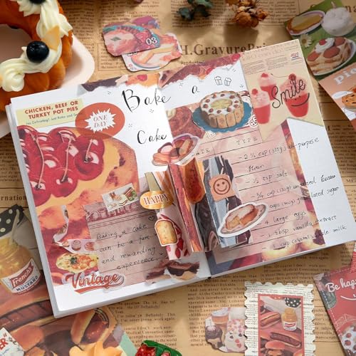 Image of VIBE VISTA Vintage Aesthetic Scrapbook Kit, 346 Pcs, A6 Grid Notebook, Washi, Envelopes, Scrapbook Papers, Folding Labels, Background Papers, Photo Frames, Calendar Stickers, Stickers (Food Diary)