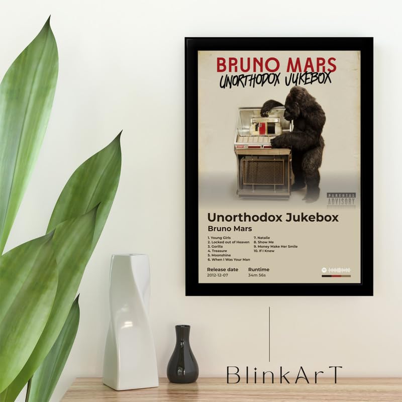 Image of BLINKART Bruno mars - Unorthodox Jukebox Wall Photo Frames | Wall Art for Bedroom, Living Room, Studio or Office | Album Cover Print with Spotify Song Link QR Code | Gift for Fans - 8x12 In