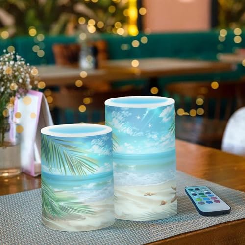 Image of Flickering Flameless Candles, Palm Leaves Starfish Beach LED Candles with Remote Timer, Set of 2 Battery Operated Candle for Valentine Wedding Birthday