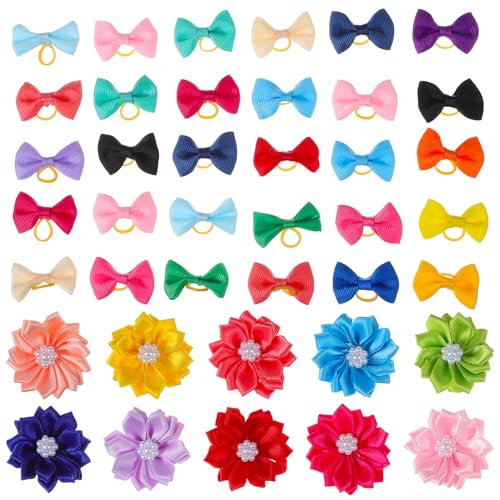 DOITOOL 40 Stück Teiliges Haargummi Hunde und Katzen Kleine Schleifen und Blumen Weiches Leichtes Material Bunte Haustier haarbänder für Welpen und Kaninchen Geeignet für Zufällige Farbe