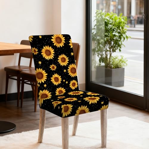 Image of Nuxovilar 4PCS Sunflower Black Background Stretch Chair Covers | Stretch Slipcover Furniture Protector Floral Wrap Seat Guard Dining Room Patio Kitchen Party (Sunflower Pattern)