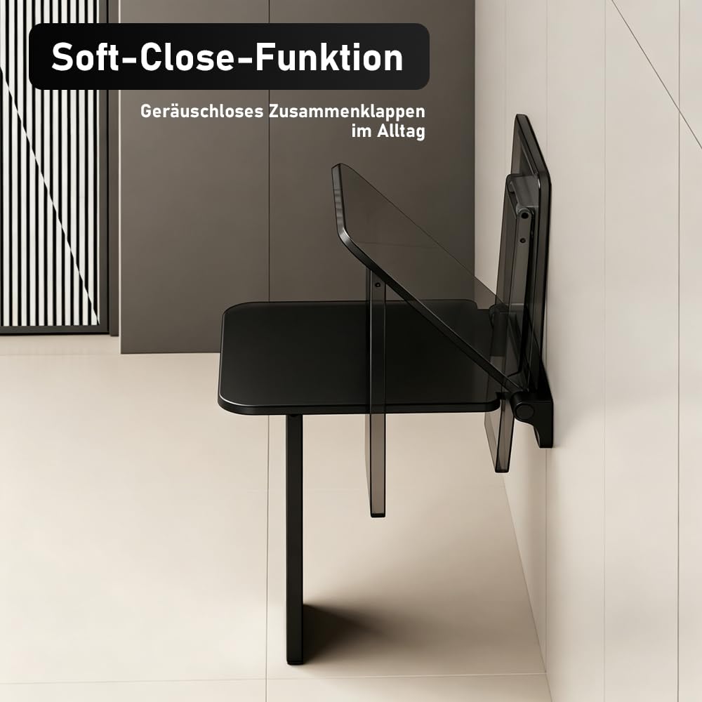 Duschsitz Klappbar Wandmontage,Duschhocker Klappbar mit Dämpfung,40x34.5cm Hocker belastbar bis 200 kg,Badezimmerhocker platzsparender Wandduschhocker für Badezimmer Renovierung&Neubau,Schwarz
