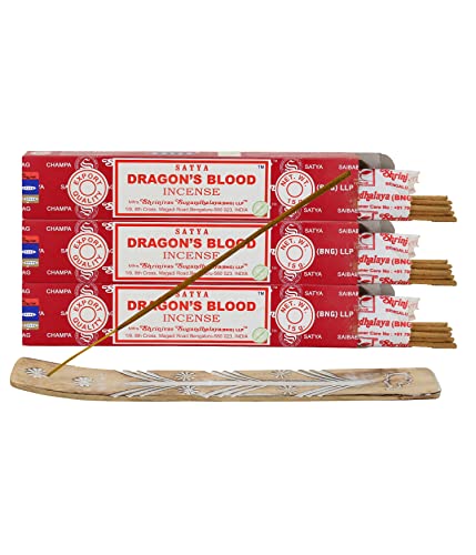 Satya Nag Champa Dragon Blood Incense Sticks, Satya Bng (Bangalore) Insenses 15Gmx3 Pack (45 Gms) With Raajsee Incense Holder Bundle, Satya Nagchampa Natural Incense #TOP4