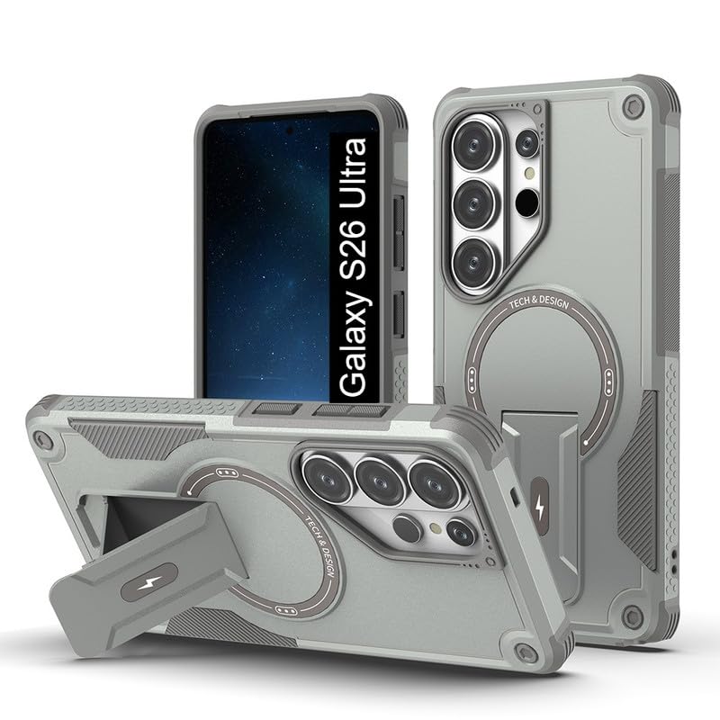 Image of US LITE Back Cover for Samsung Galaxy S26 Ultra with Portable Kickstand | MagSafe Compatible Magnetic Case | Shockproof Military Grade Protection | Extreme Protection Phone Cover - Grey