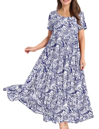 YESNO Women Dresses Casual Plus Size Bohemian Short Sleeve Floral Long Maxi Summer Beach Swing Dress/Pockets 2XL EJFUK CR148