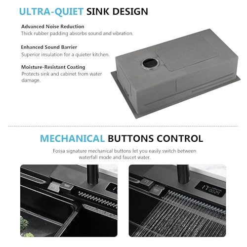 Image of Fosaa 30 inchx18 inchx9 inch 7-Year Warranty Original Smart Piano Waterfall Pure 304 Stainless Steel Model Kitchen Sink with Pull-Down Faucet, LED Panel & Display | Black Honeycomb Finish (2 Button)