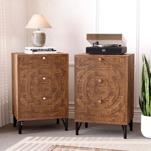 Image of HOMPUS 3-Drawer Nightstand Set of 2, Hand-Carved Brown Concentric Circles Nightstand, Mid-Century Modern Chest of Drawers, Wood Bedside Tables with 3 Drawers, Tall Accent End Tables for Bedroom
