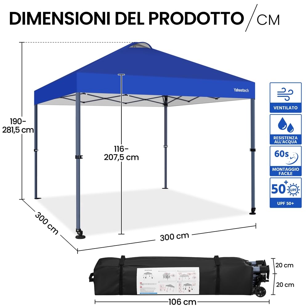 Yaheetech Gazebo Pieghevole 3x3 M da Giardino con Ruote per la Mobilità Tenda Esterno con Sistema di Clic Pop-up Regolabile in Altezza per Festa Spiaggia Blu