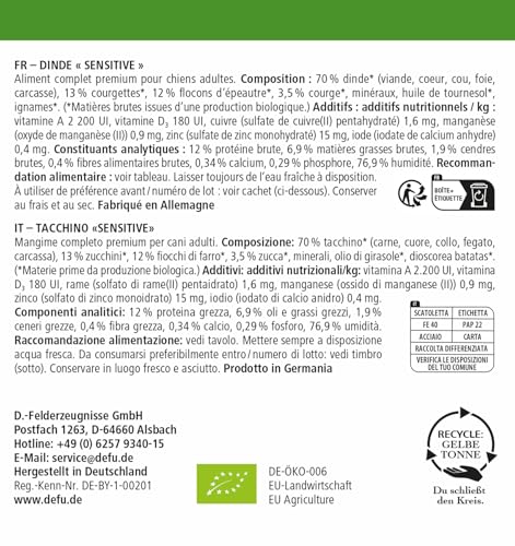 defu Hundefutter | 6 x 800 g | Bio Truthahn Sensitiv | Premium Bio Nassfutter Menü | Alleinfuttermittel für Hunde