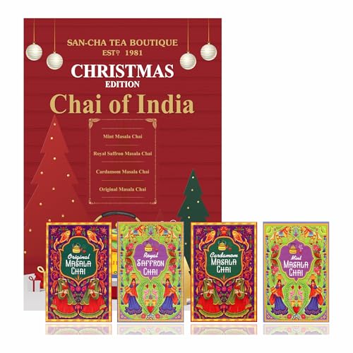 Image of Sancha Tea Boutique, Chai of India Christmas Edition Gift Box | 4 Premium Masala Chai Blends - Original, Cardamom, Saffron & Mint | Spiced Black Tea Gift Set