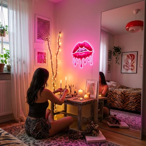Image of Dripping Lips Neon Sign for Wall Decor, Pink LED Lip Light for Bedroom, Game Room, Bar, Aesthetic Sexy Lip Artwork, USB Powered Dimmable Neon Wall Light
