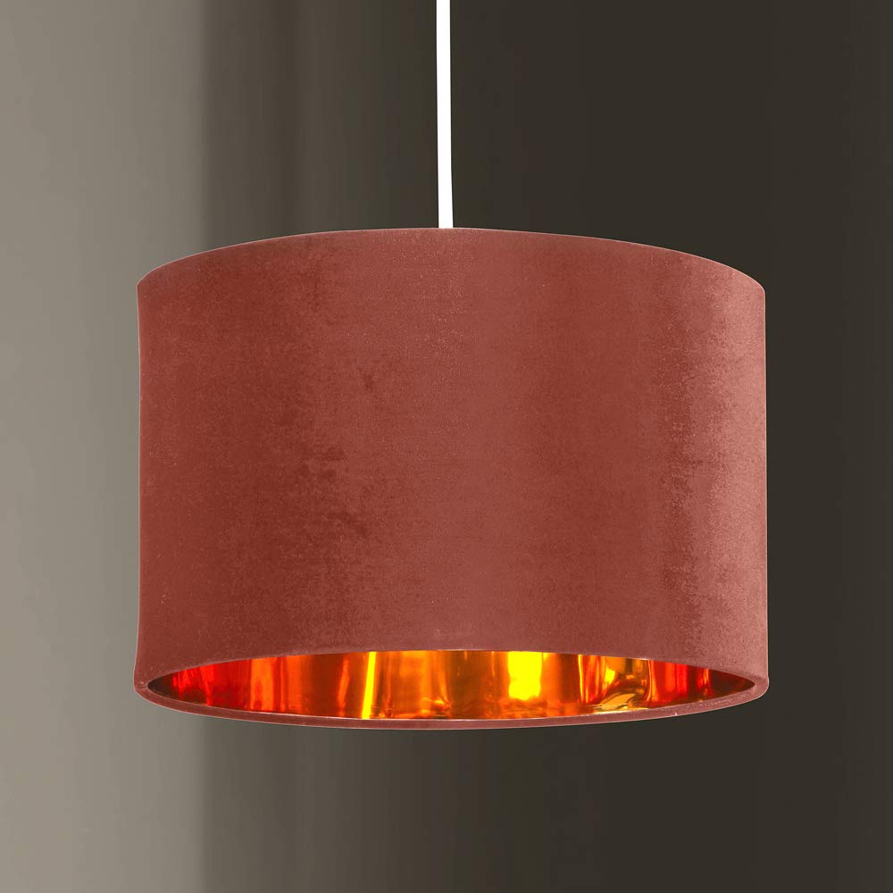 Deco Velvet Blush Fabric Outer and Metallic Copper Gold Inner Ceiling Pendant Drum Light Shade