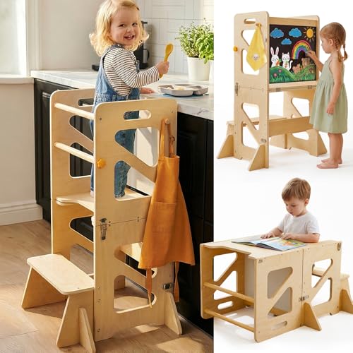 Toddler Kitchen Stool 4 in 1 Foldable Toddler Tower with Anti-tip Structure Montessori Learning Standing Tower for Kitchen Counter & Bathroom Sink Kitchen Stool Helper for Kids 18M+