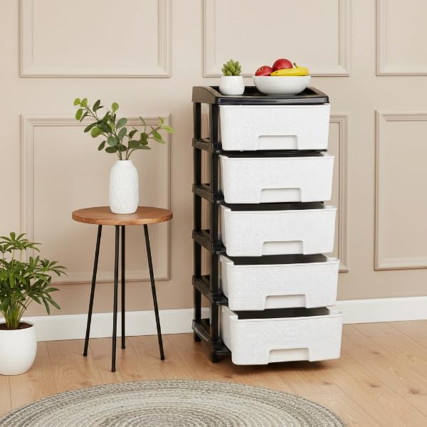 Image of Plastic Modular Drawer Storage Chest Of Drawers Organizer Storage Box, Large Stomo Racks For Multipurpose Anti-slip Shoes Organizers (White & Black, 5 Layer)