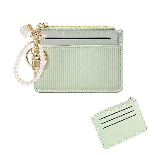 MSLSOZ Lady's Card Holder Purse, Ultra-Thin Credit Card Wallet with Beautiful Pearl Pendant Charm, Minimalist Style, Card Wallet Women with Zipper Pocket, 8 Card Slots, for Cash, Coins, Cards. (Green) - Green