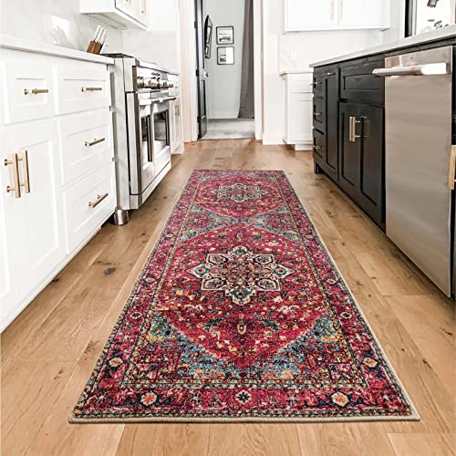 Leevan Boho Runner Rug 2'X6' Oriental Floral Area Rug Traditional Vintage Floor Carpet Bohemian Bedroom Throw Rugs Washable Kitchen Runners Pink Non-Slip Hallway Accent Rug Low-Pile Living Room Rug #TOP1