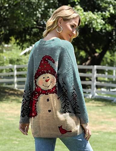 Close-up of a cozy, loose-knit pullover sweater featuring a festive holiday design.