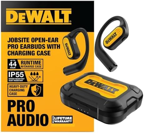 DEWALT Heavy Duty Open Ear Headphones, Bluetooth 5.3 Wireless Earbuds with 44Hrs Runtime, Jobsite Premium Sound True Wireless Air Conduction Open Ear Earbuds with Earhooks for Worksites and Workouts
