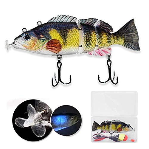 電動釣りルアーハードベイトLEDライト付き人工ルアー4セグメントスイムベイトワブラーロボットスイミング自動電気ベイトUSB充電式クランクベイトフローティングベイト13.9cm / 54g（収納ボックス付き） 1枚目