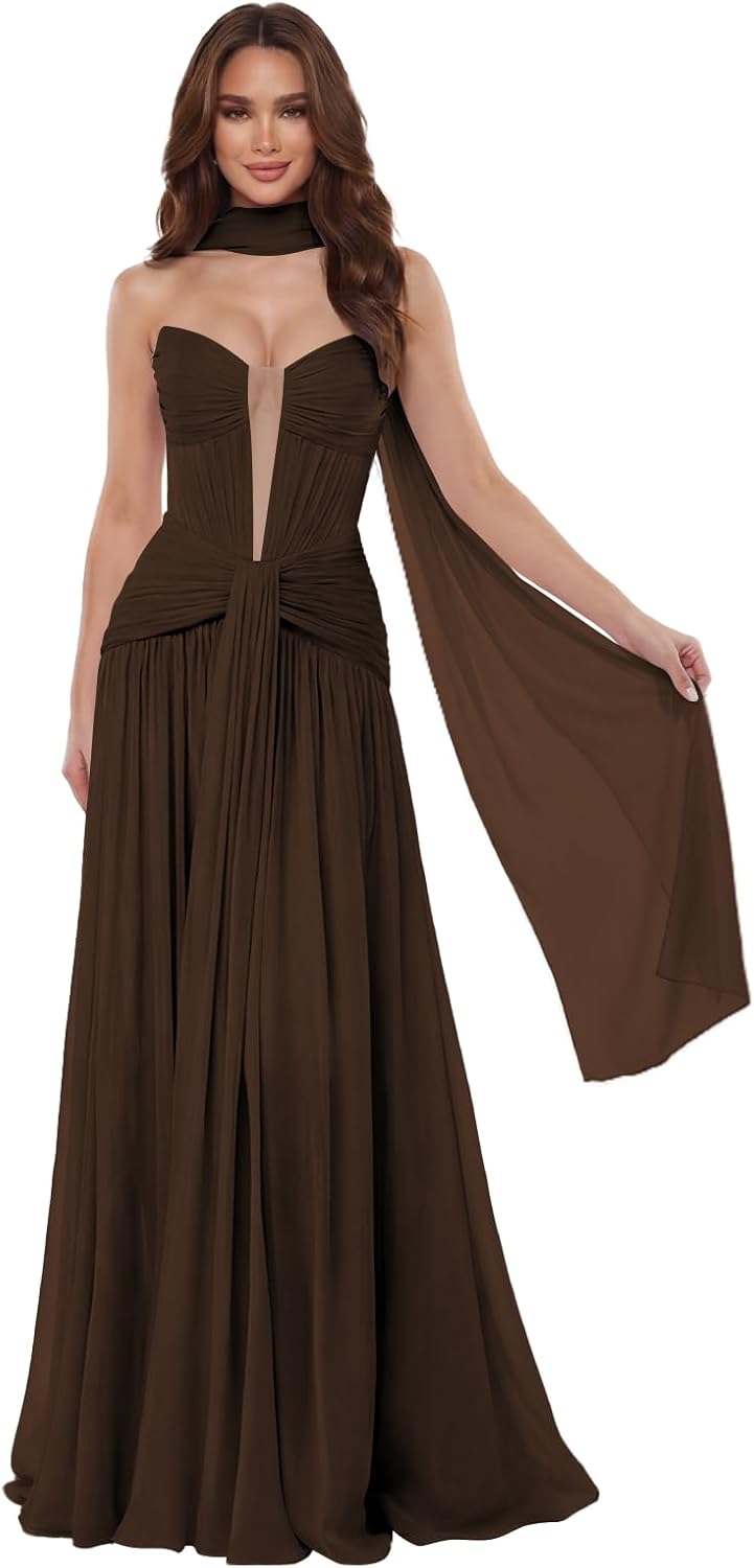 Strapless A Line Prom Dresses 2026 with Tie Long Pleated Chiffon Formal Evening Gowns for Women ZO075