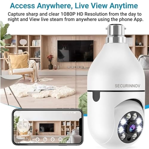 Image of securinnov 3MP WiFi Light Bulb Camera Home Office Outdoor | 360 Rotation | Color Night Vision |1080p | Motion Detection | Two Way Audio | Wireless Home Security | Mobile App V380 Pro (Light Bulb)